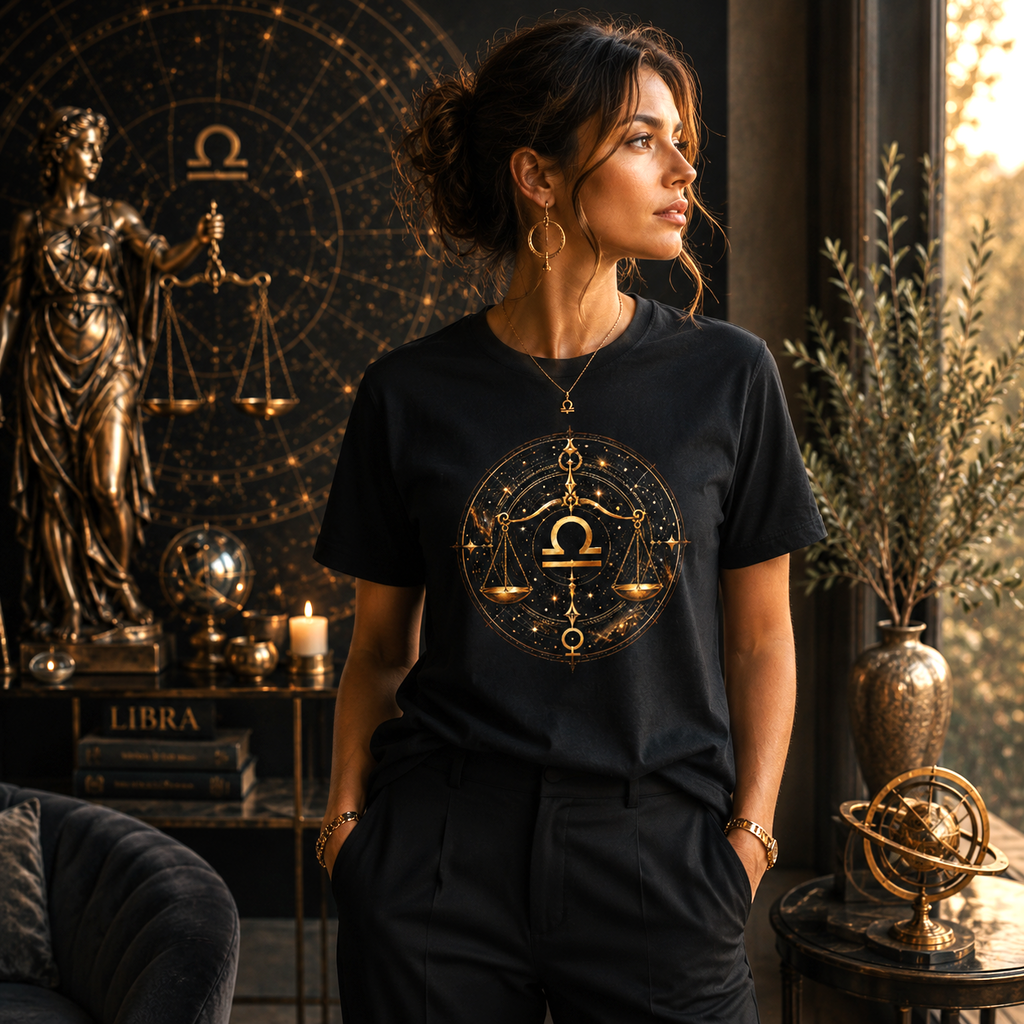 Mujer vistiendo Camiseta Negra Libra Universal con símbolo de Libra en dorado