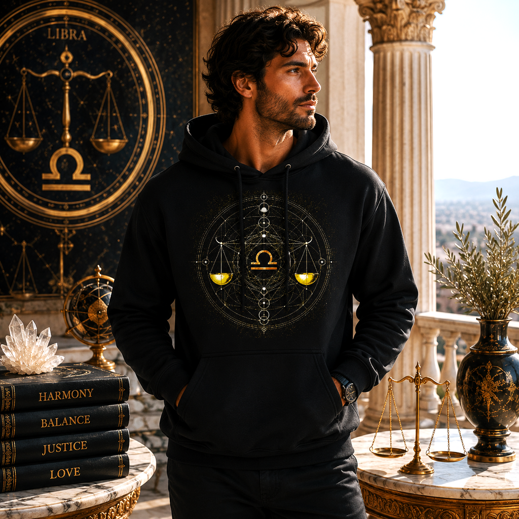 Hombre vistiendo Hoodie Negro Libra Geometría Dorada de Astrálisis