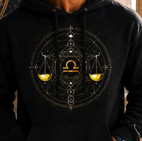 Detalle frontal del Hoodie Negro Libra Geometría Dorada con balanza zodiacal