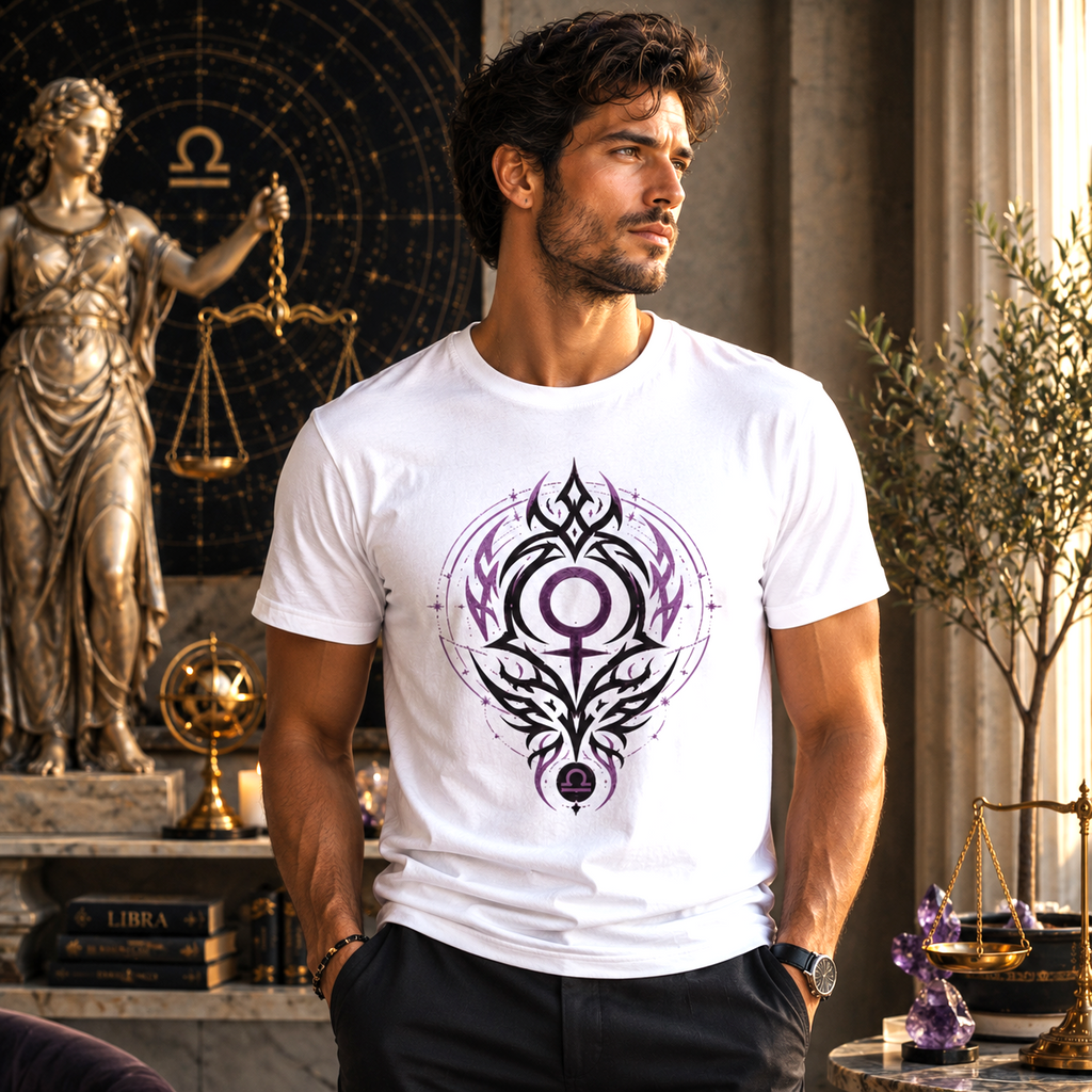 Hombre vistiendo Camiseta Blanca Libra Tribalista de Astrálisis