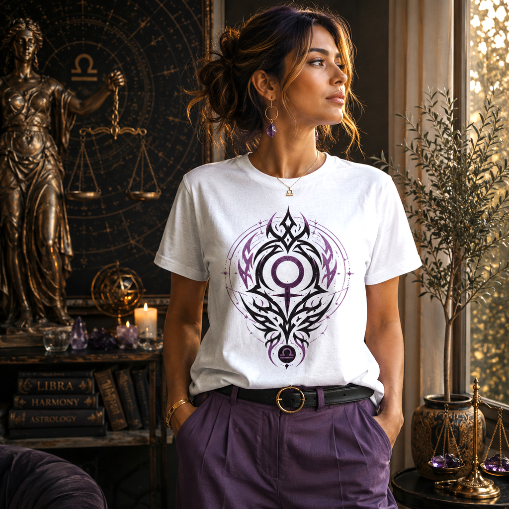 Mujer vistiendo Camiseta Blanca Libra Tribalista en ambiente inspirado en Libra
