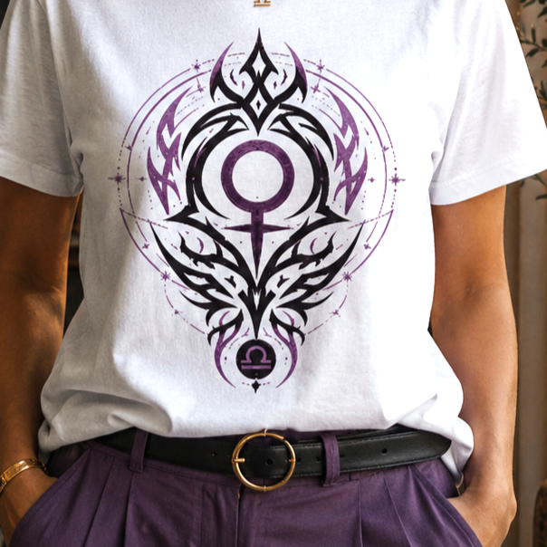 Detalle del diseño tribal violeta de Libra sobre camiseta blanca