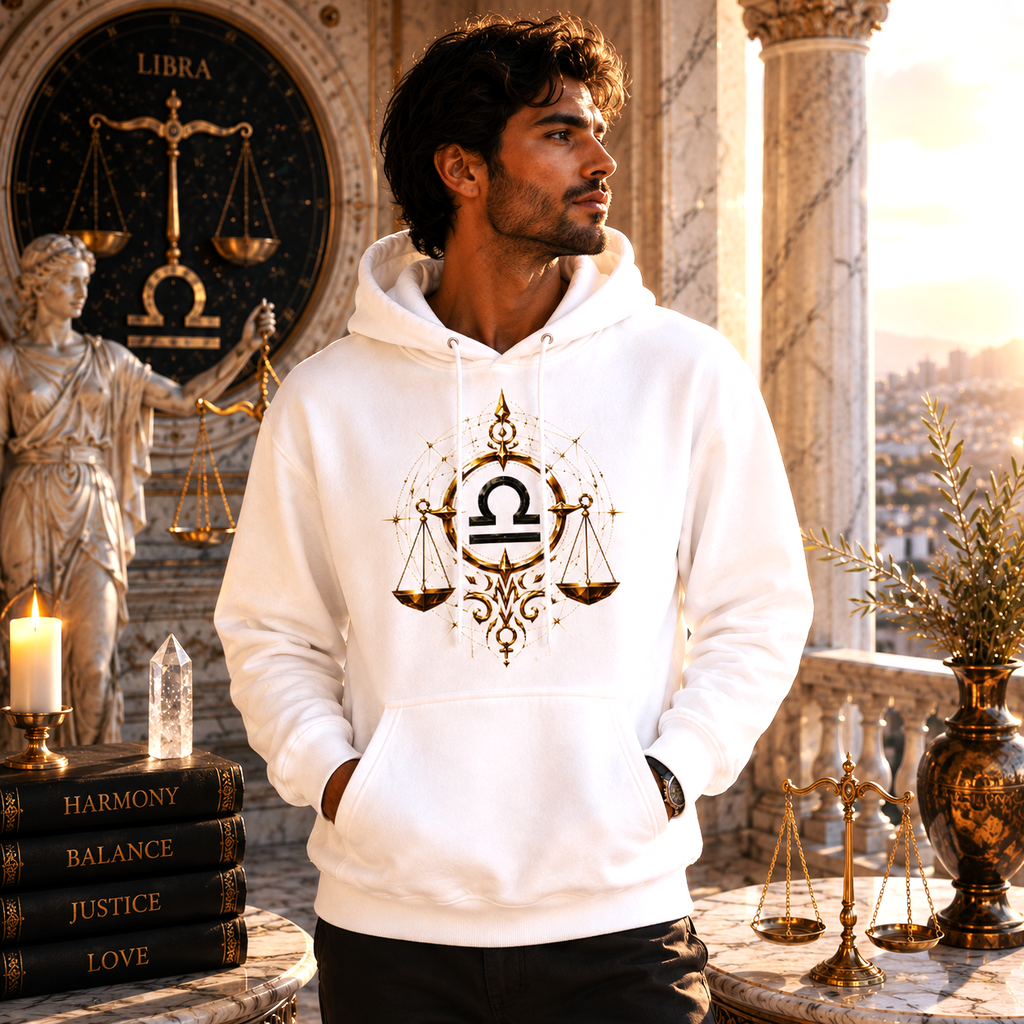 Hombre vistiendo Hoodie Blanco Facetas Geométricas Libra de Astrálisis
