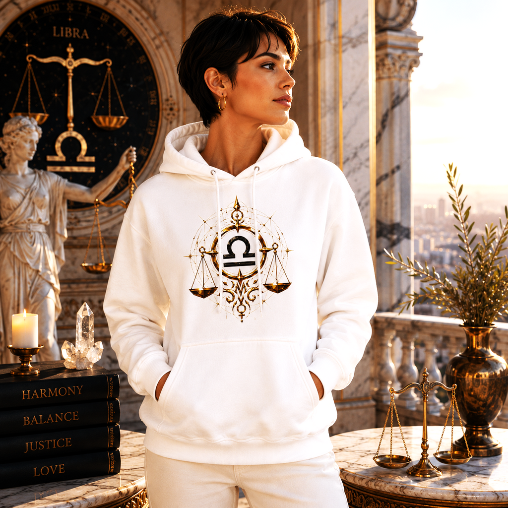 Mujer vistiendo Hoodie Blanco Facetas Geométricas Libra de Astrálisis