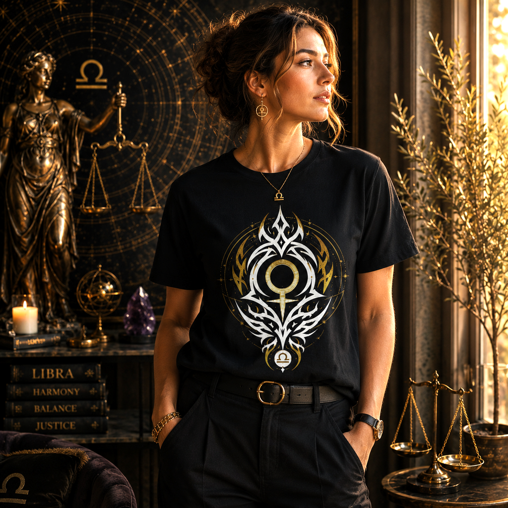 Mujer vistiendo Camiseta Negra Libra Tribalista de Astrálisis
