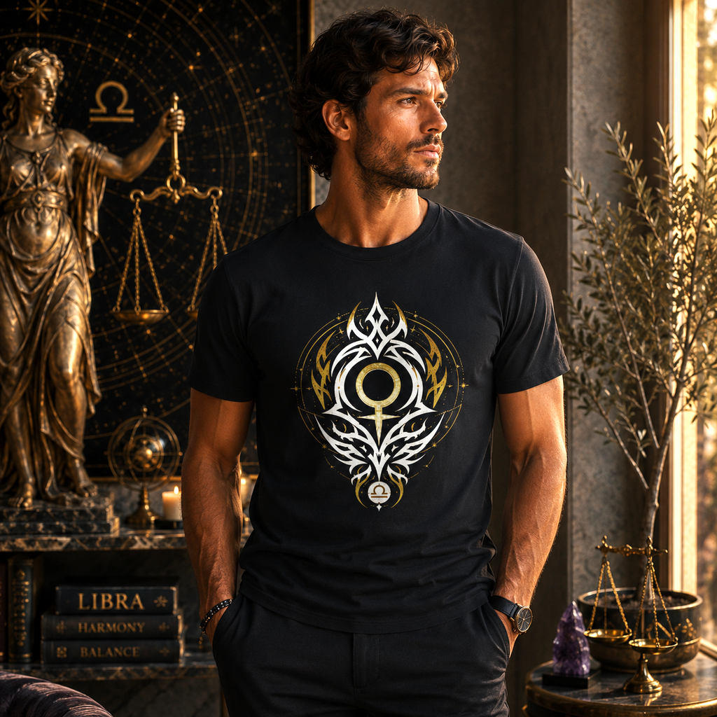 Hombre vistiendo Camiseta Negra Libra Tribalista en ambiente zodiacal
