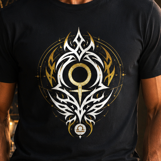 Detalle del diseño tribal de Libra en camiseta negra de Astrálisis