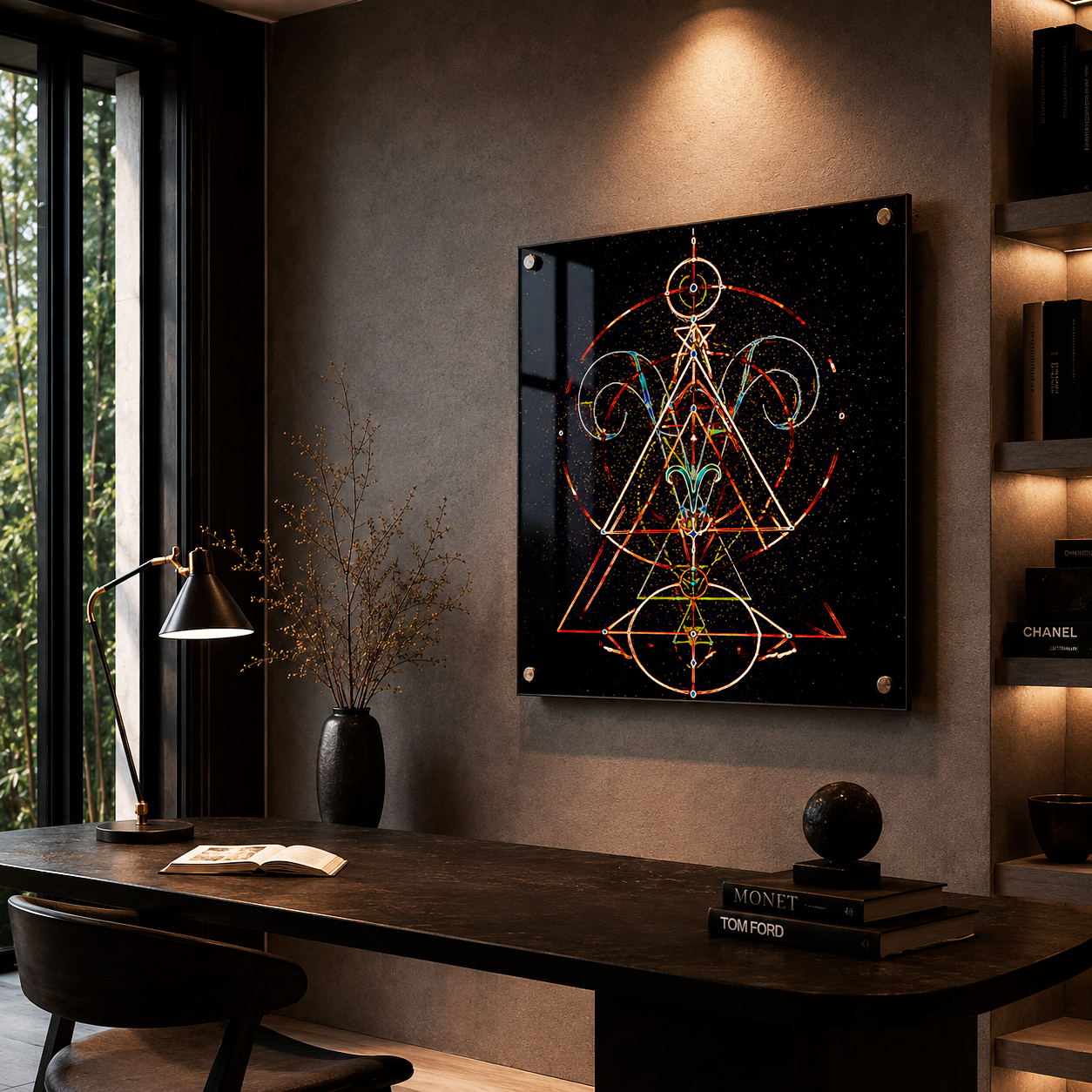 Arte zodiacal Aries con geometría sagrada luminosa