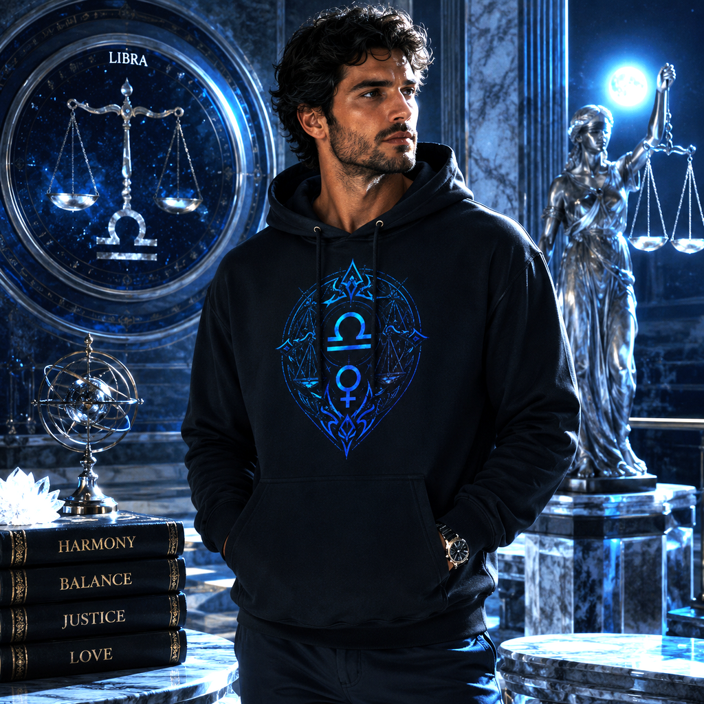 Hombre vistiendo Hoodie Negro Libra Simbolismos Azul con diseño exclusivo de Astrálisis inspirado en Libra.