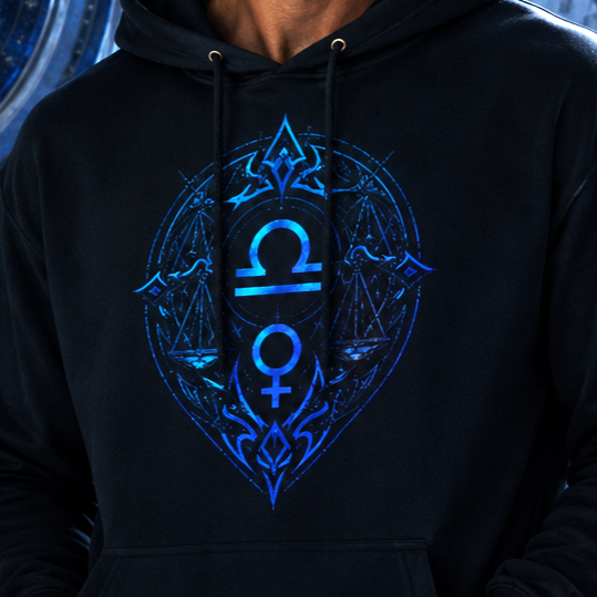 Diseño frontal del Hoodie Negro Libra Simbolismos Azul con balanza y geometría sagrada.