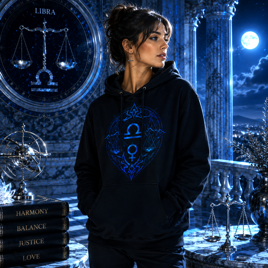 Vista del Hoodie Negro Libra Simbolismos Azul sobre modelo femenino en escenario contemporáneo