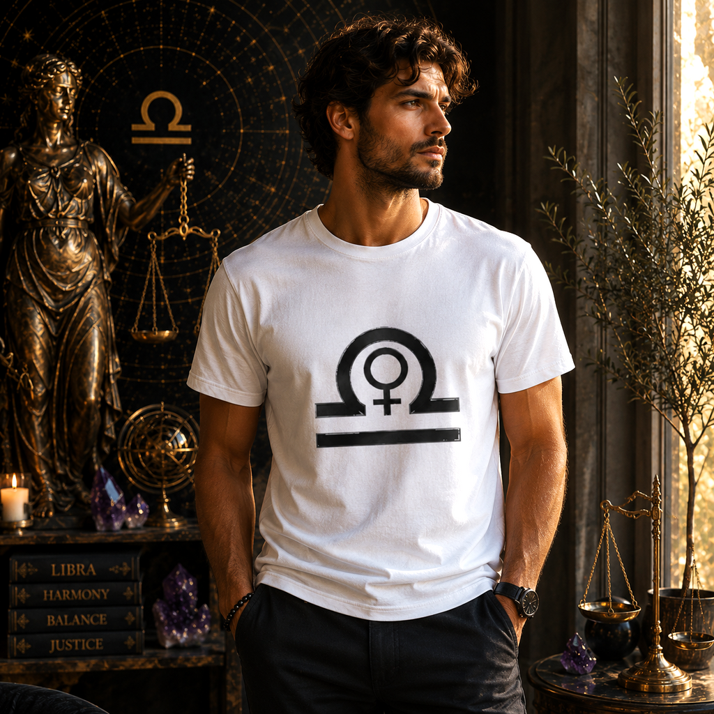 Hombre vistiendo Camiseta Blanca Libra Signos en ambientación artística Libra