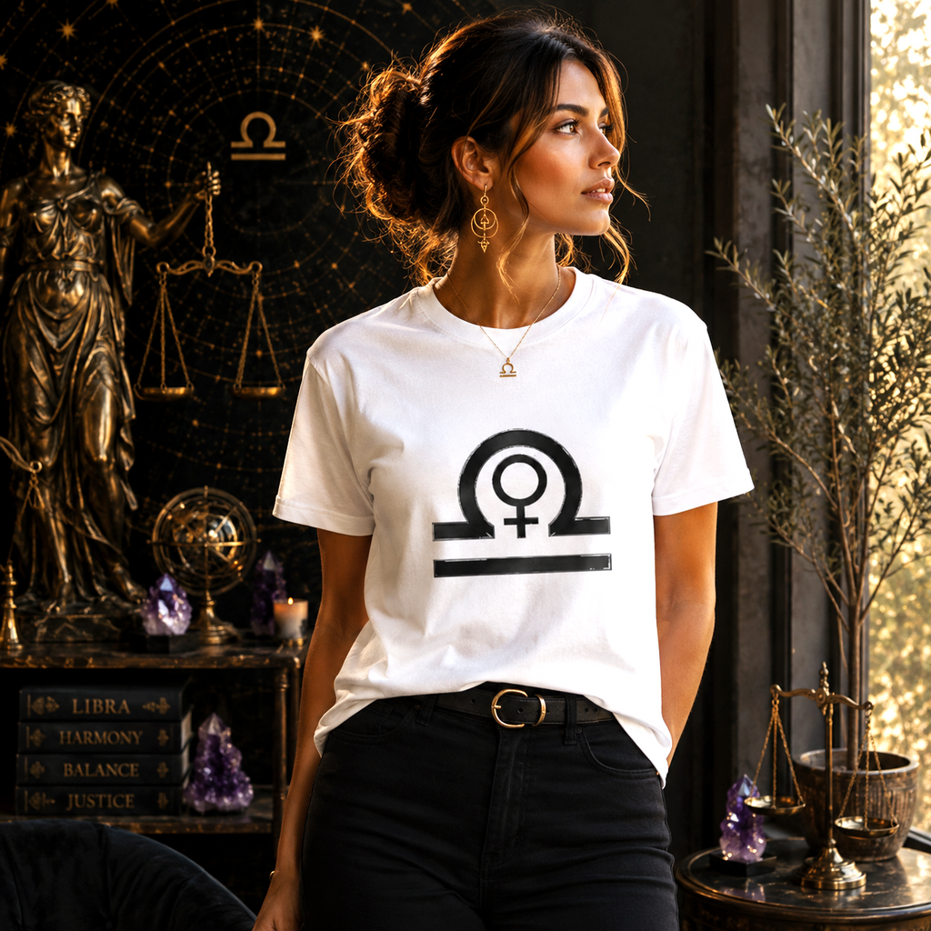 Mujer vistiendo Camiseta Blanca Libra Signos con diseño zodiacal negro