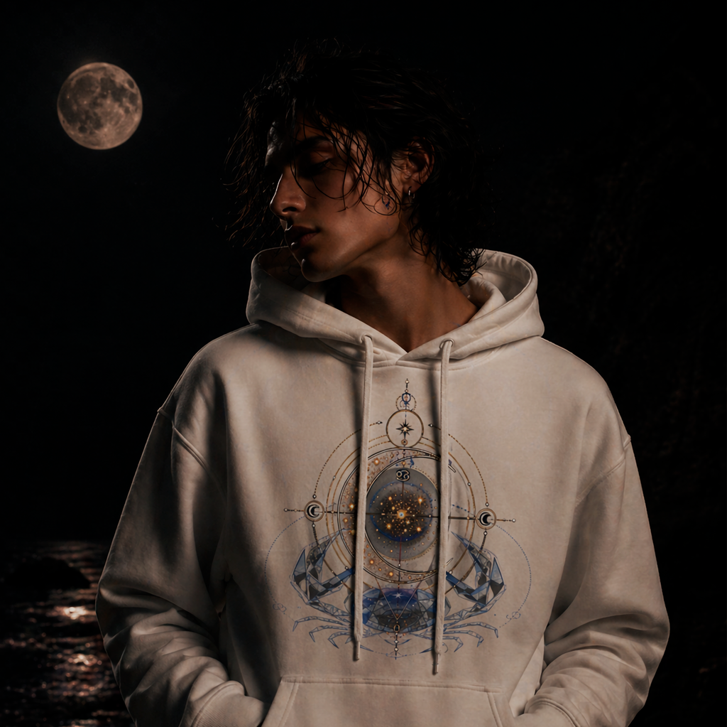 hoodie blanco cancer azul y oro modelo hombre escena nocturna luna