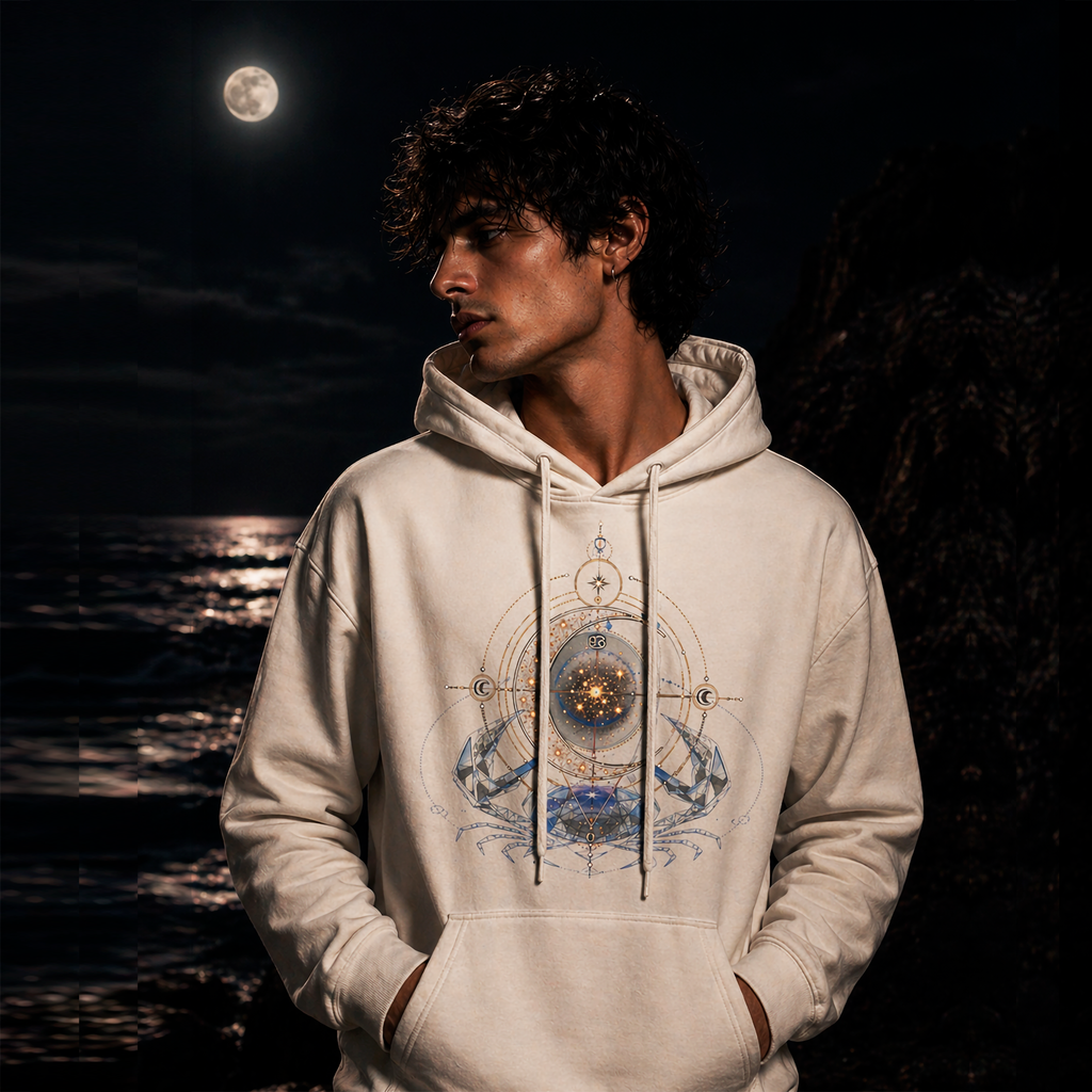 sudadera blanca cancer azul y oro detalle del diseño lunar