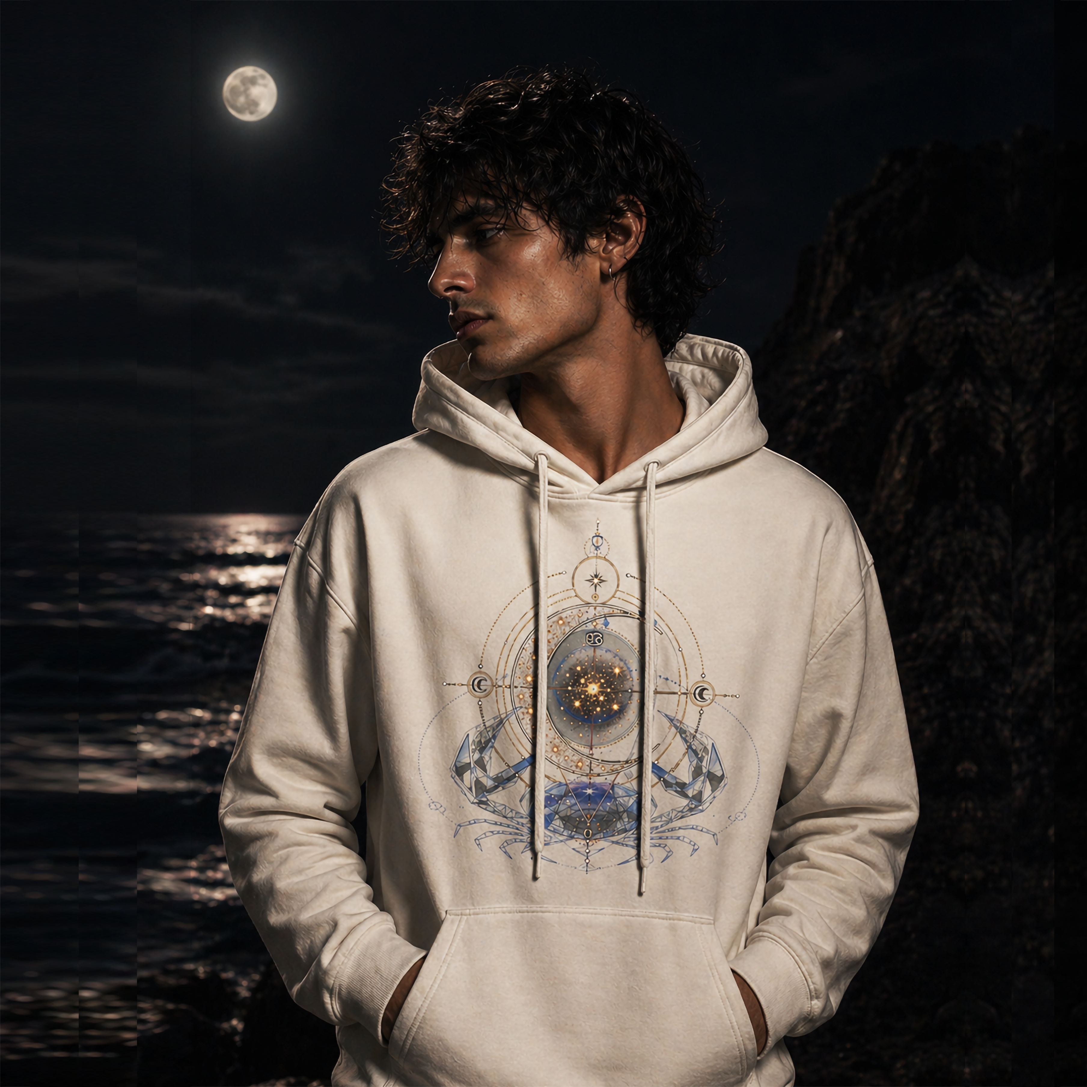 sudadera blanca cancer azul y oro detalle del diseño lunar
