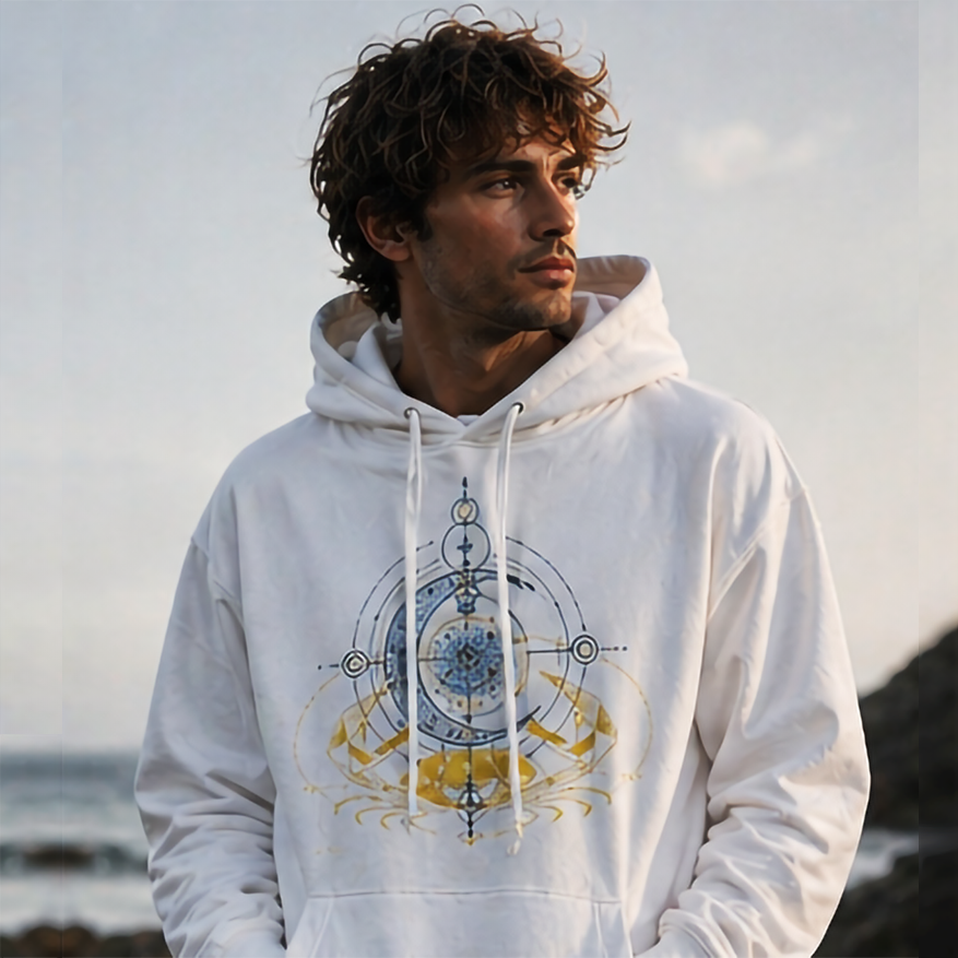 hoodie blanco cancer dorado modelo hombre luz natural costera