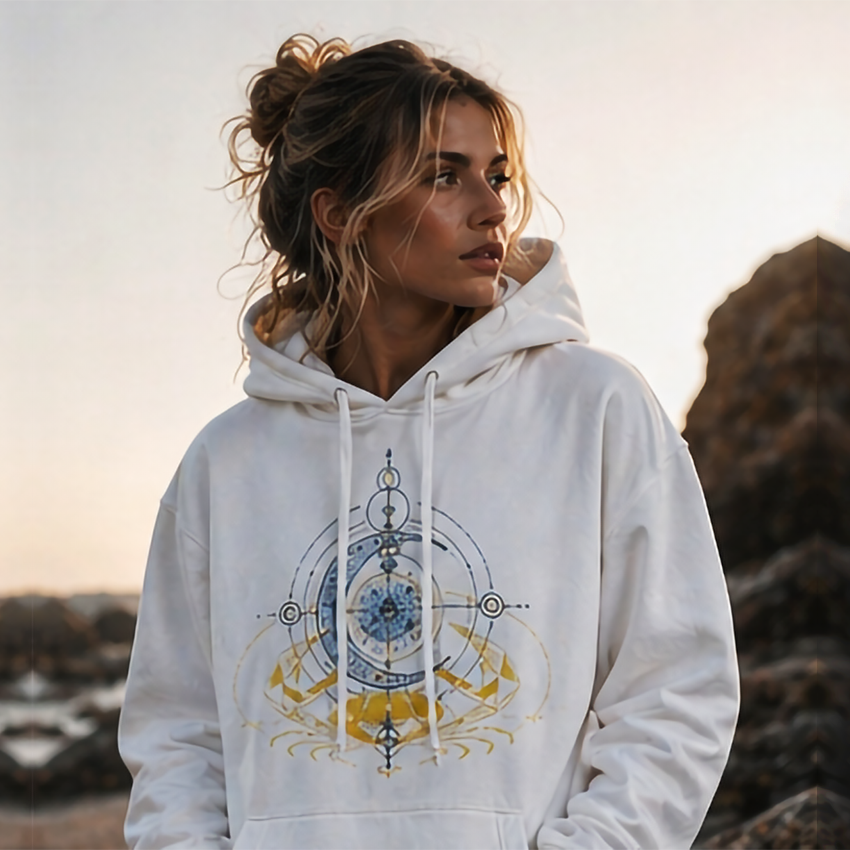 hoodie blanco cancer diseño dorado modelo mujer estilo editorial