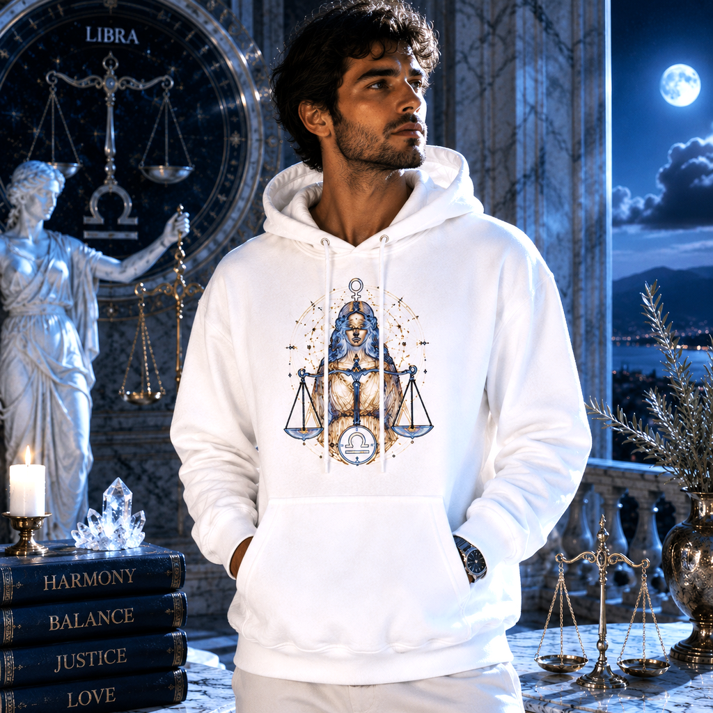 Vista del Hoodie Blanco Libra y Justicia sobre modelo en escenario contemporáneo.