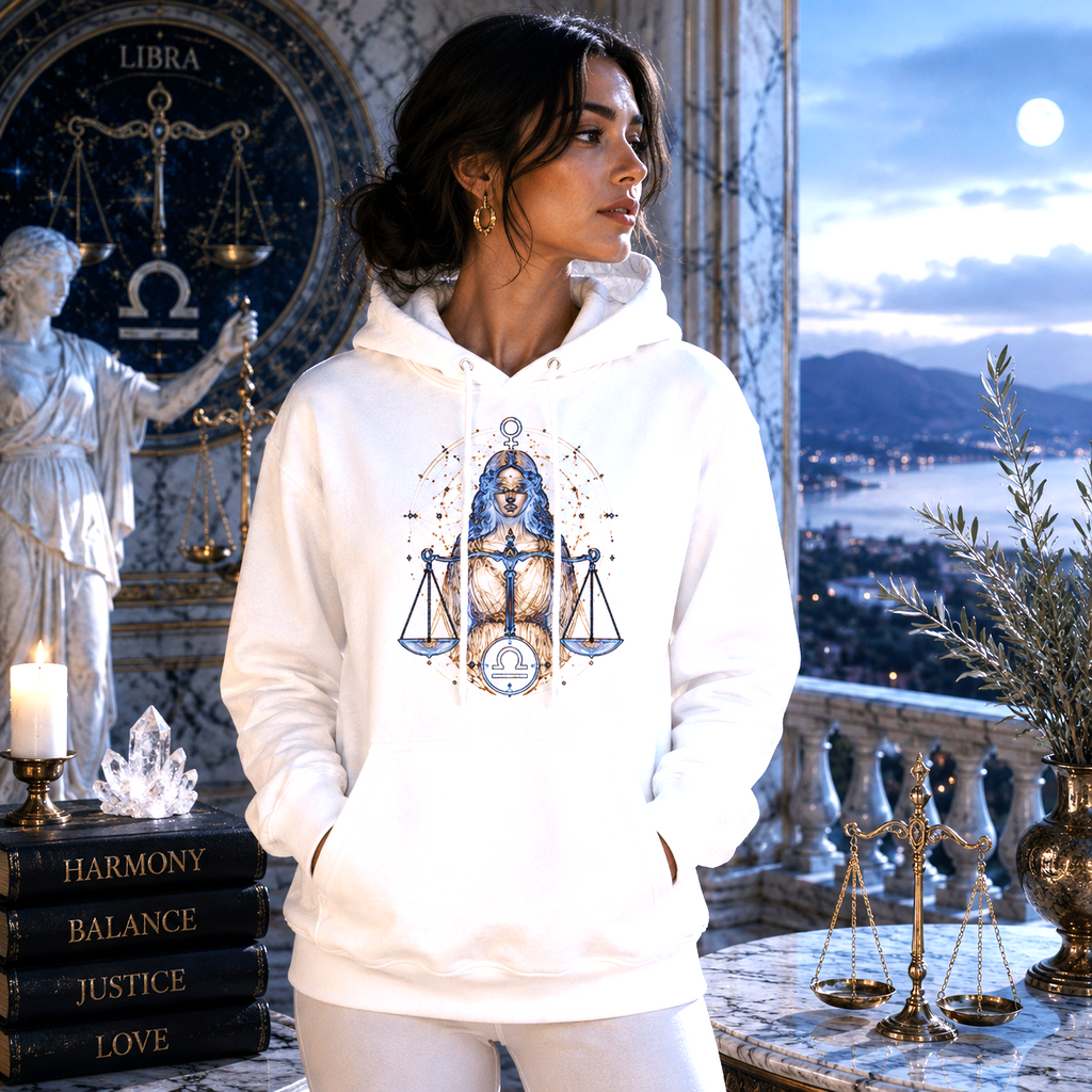 Mujer vistiendo Hoodie Blanco Libra y Justicia con diseño exclusivo de Astrálisis inspirado en Libra.