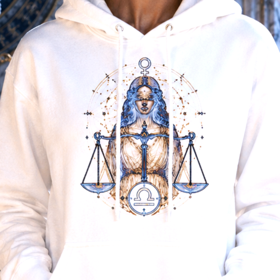 Diseño frontal del Hoodie Blanco Libra y Justicia con ilustración de la Justicia y la balanza.