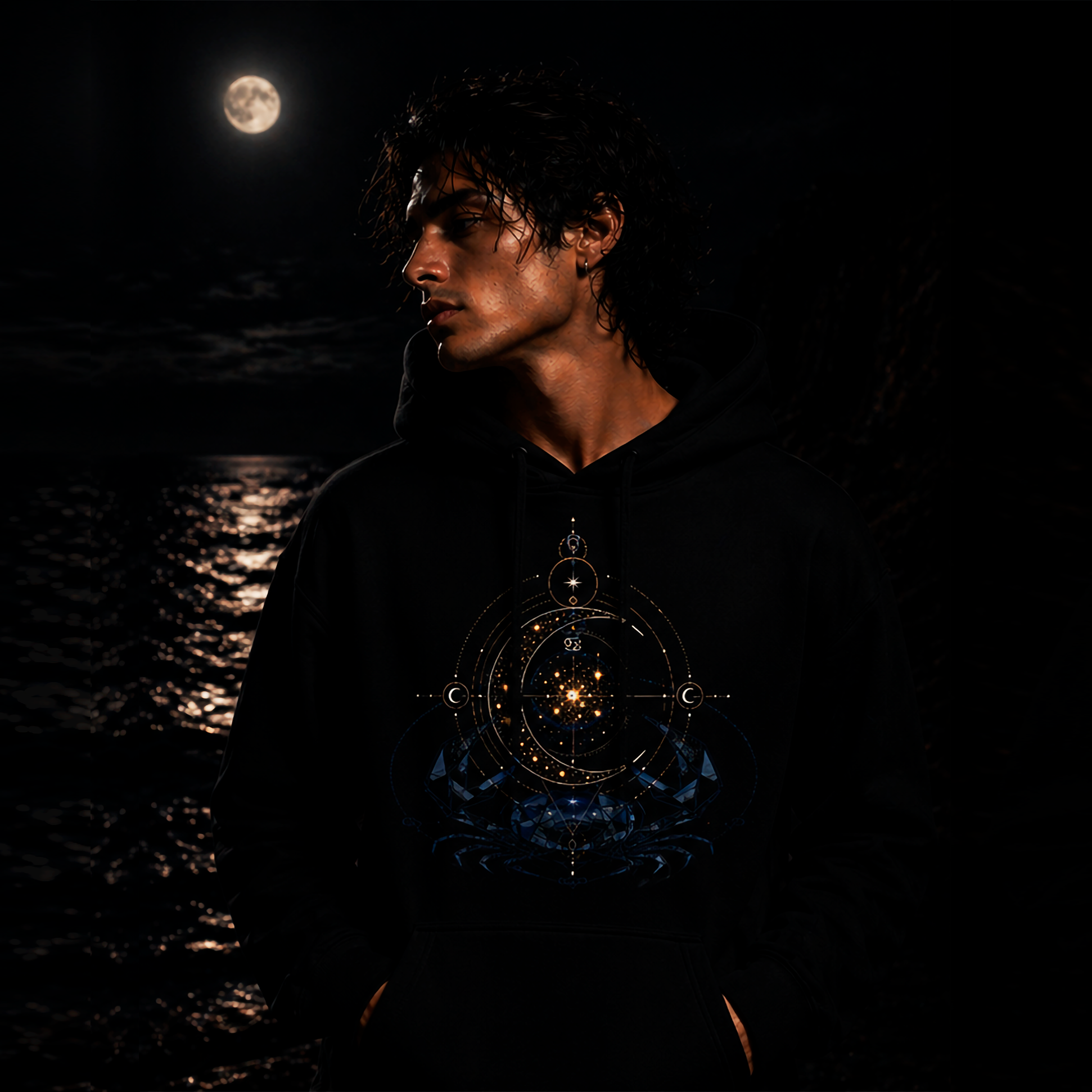 sudadera negra cancer azul y oro detalle del diseño lunar