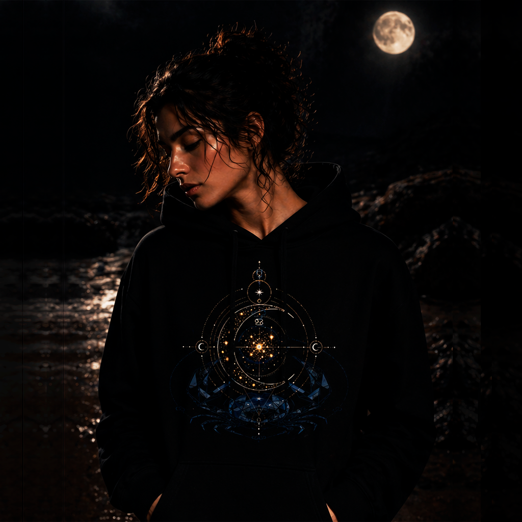 hoodie negro cancer diseño azul dorado modelo hombre estilo editorial
