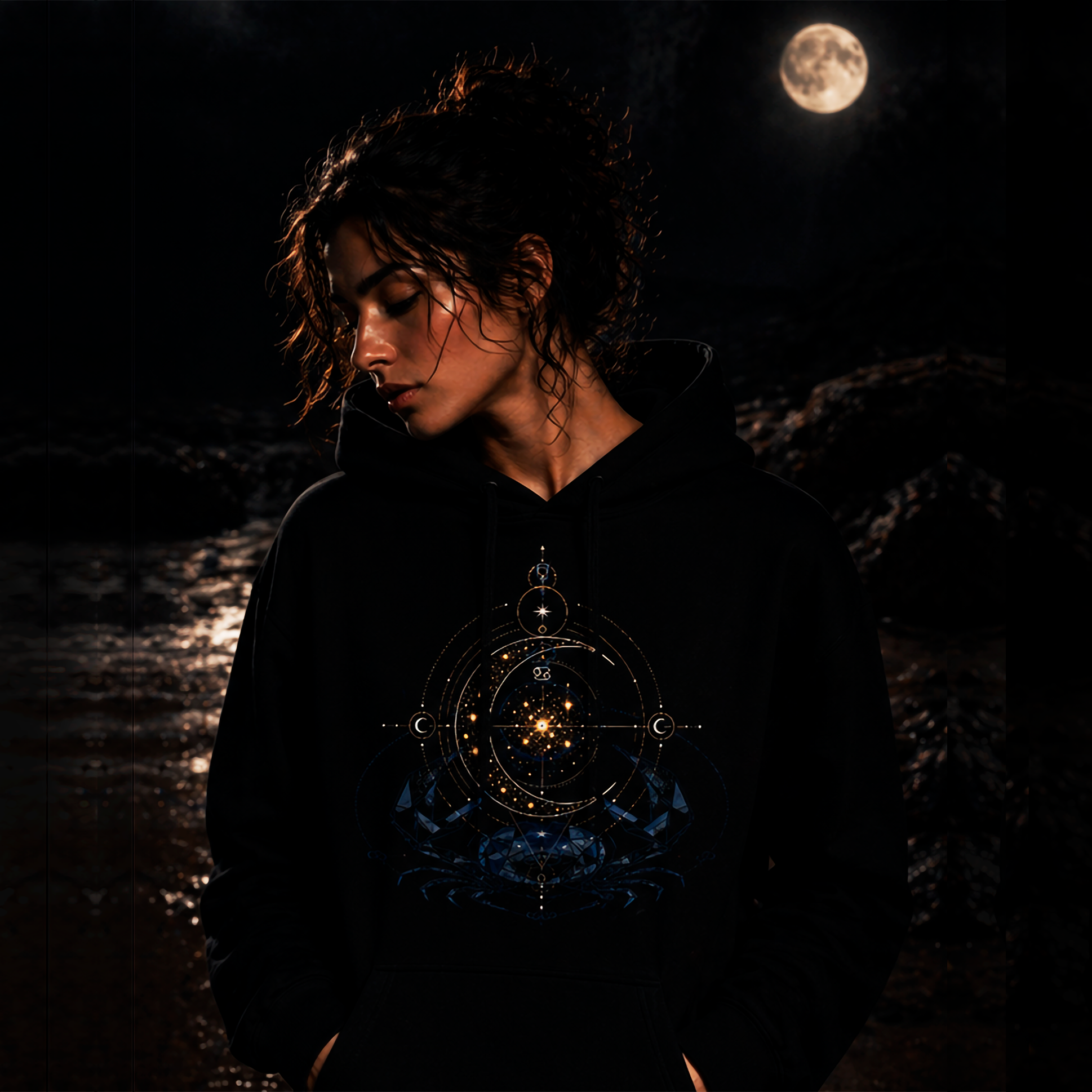 hoodie negro cancer diseño azul dorado modelo hombre estilo editorial