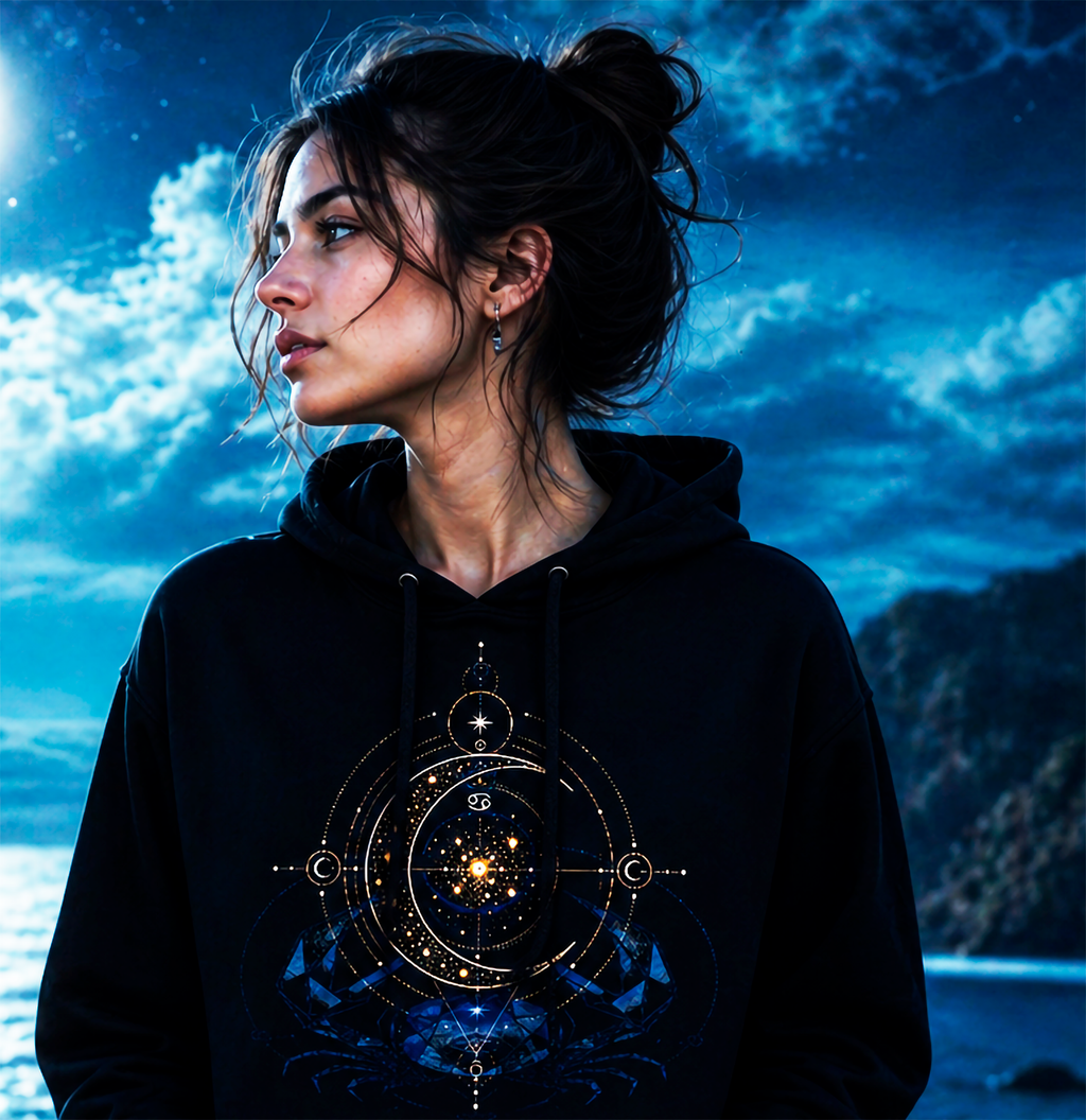 hoodie negro cancer azul y oro modelo mujer fondo cielo nocturno
