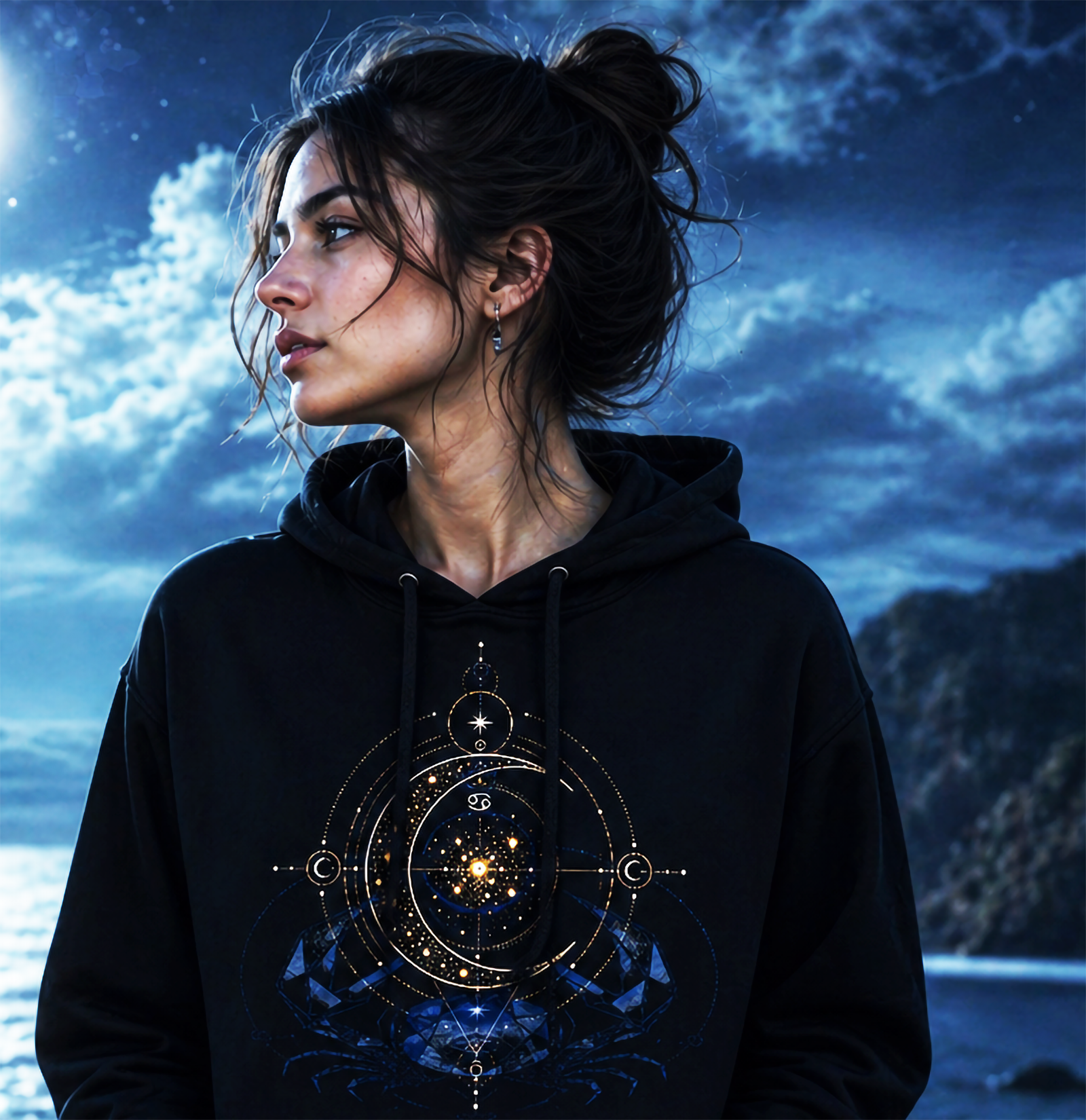 hoodie negro cancer azul y oro modelo mujer fondo cielo nocturno