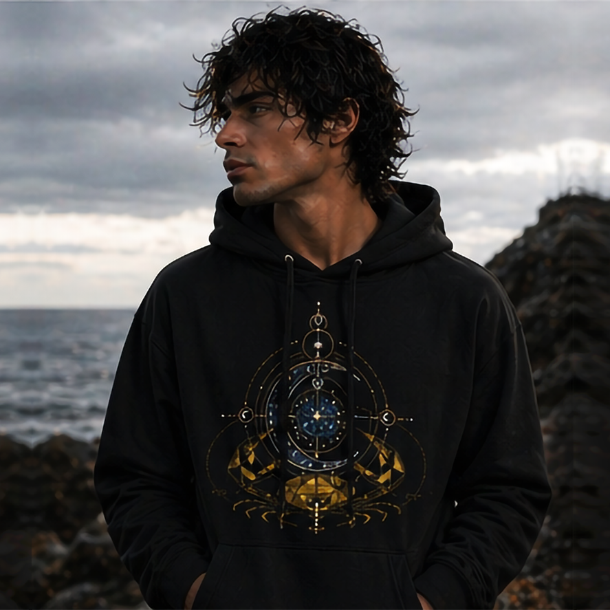 hoodie negro cancer diseño dorado modelo hombre estilo editorial
