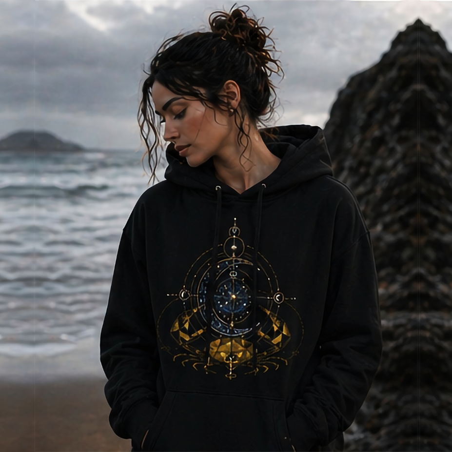 hoodie negro cancer dorado modelo mujer escena costera emocional
