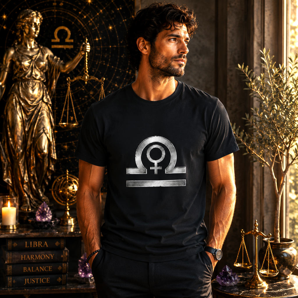 Hombre vistiendo Camiseta Negra Libra Signos en ambientación artística Libra