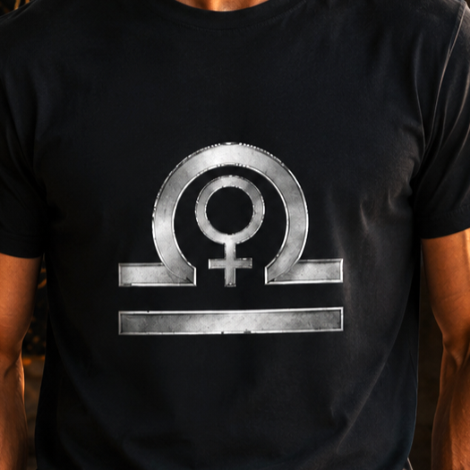 Detalle de Camiseta Negra Libra Signos con glifo zodiacal en diseño claro