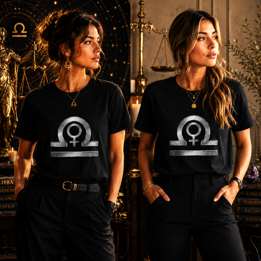 Dos mujeres con Camiseta Negra Libra Signos y símbolo zodiacal de Astrálisis