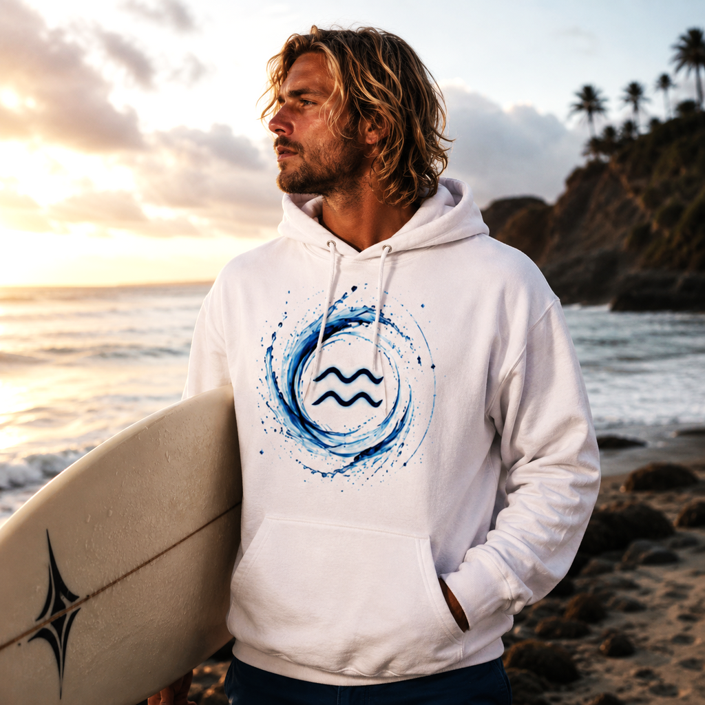 Hoodie blanco Acuario surfer con diseño astral y estética contemporánea inspirada en el mar