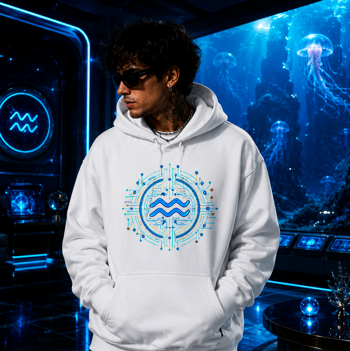Modelo urbano vistiendo hoodie blanco Acuario con estética tecnológica futurista