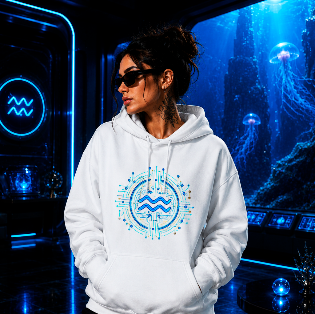 Hoodie blanco Acuario tecno con diseño astral futurista y estética digital azul