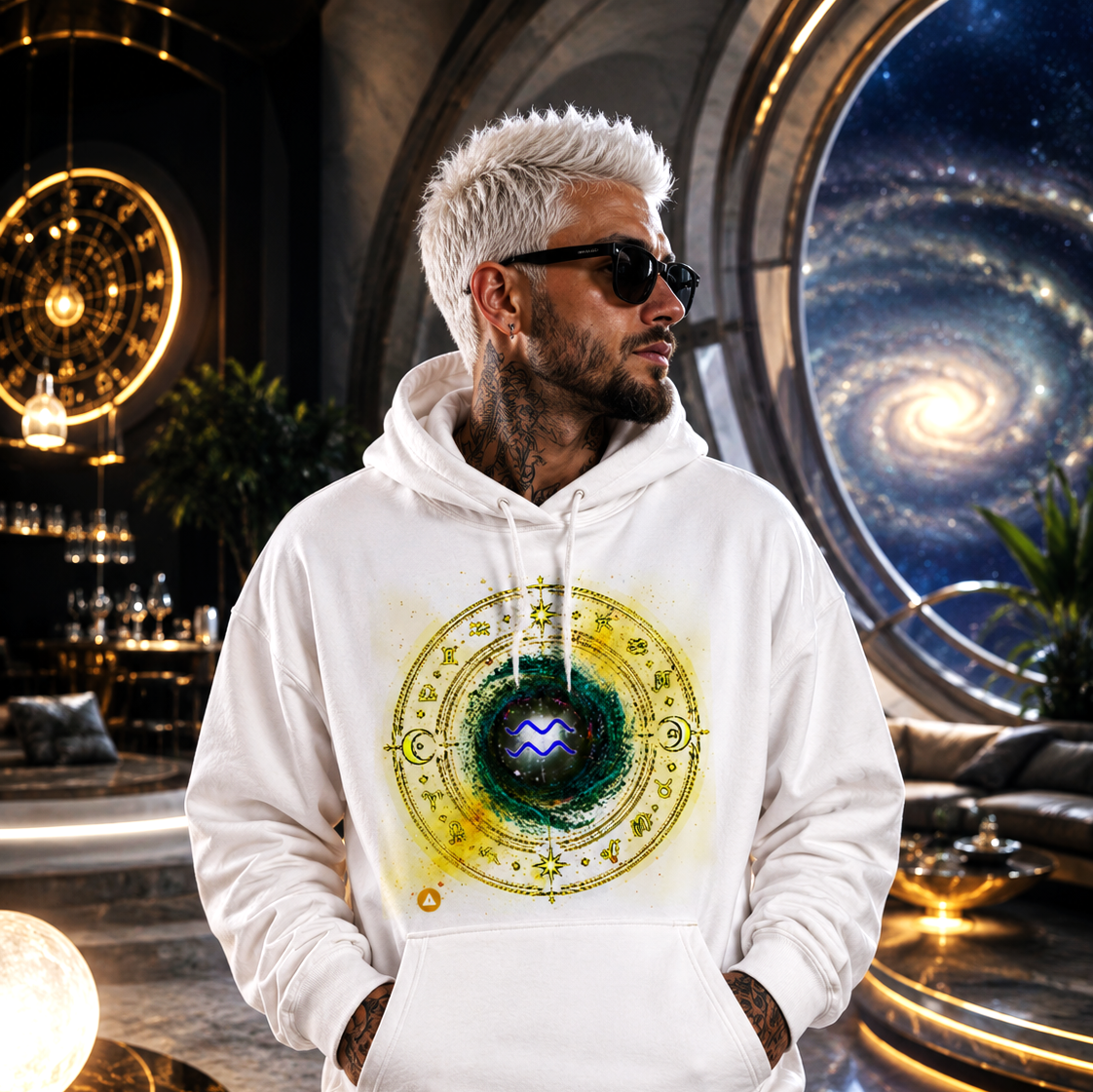 Modelo urbano vistiendo hoodie blanco Acuario con arte galáctico contemporáneo