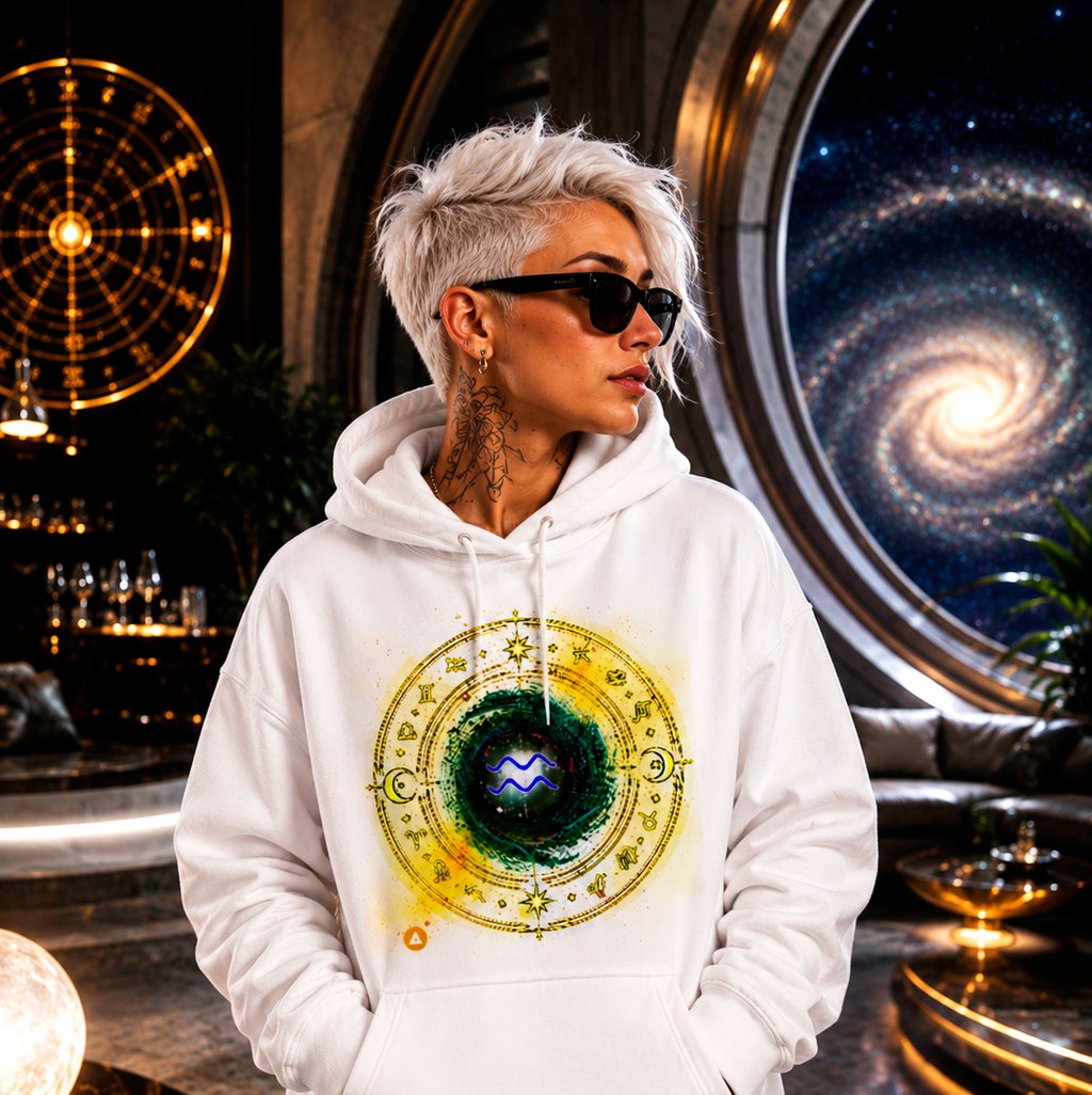 Hoodie blanco universal Acuario con diseño astral cósmico y estética futurista