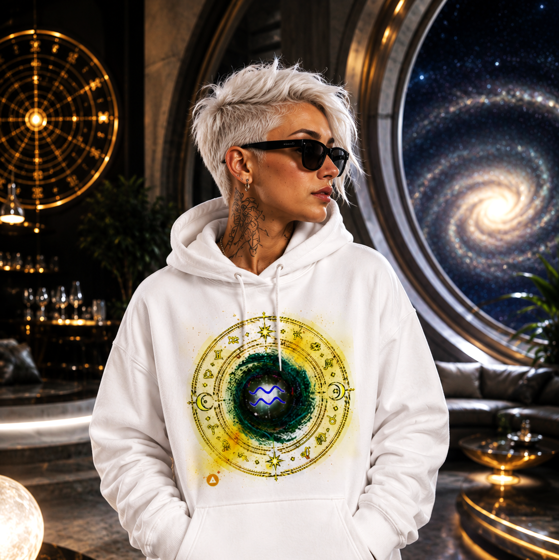 Hoodie blanco universal Acuario con diseño astral cósmico y estética futurista