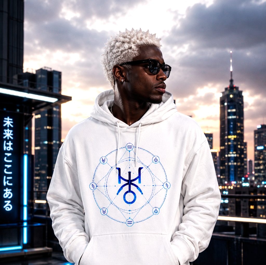 Modelo urbano vistiendo hoodie blanco Urano regente con estética futurista