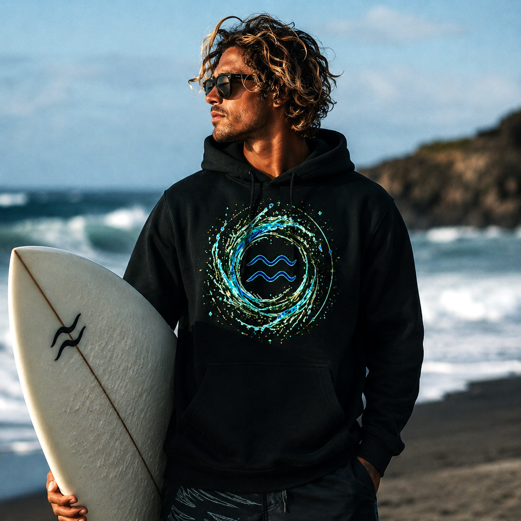 Modelo surfer vistiendo hoodie negro Acuario frente al mar al atardecer