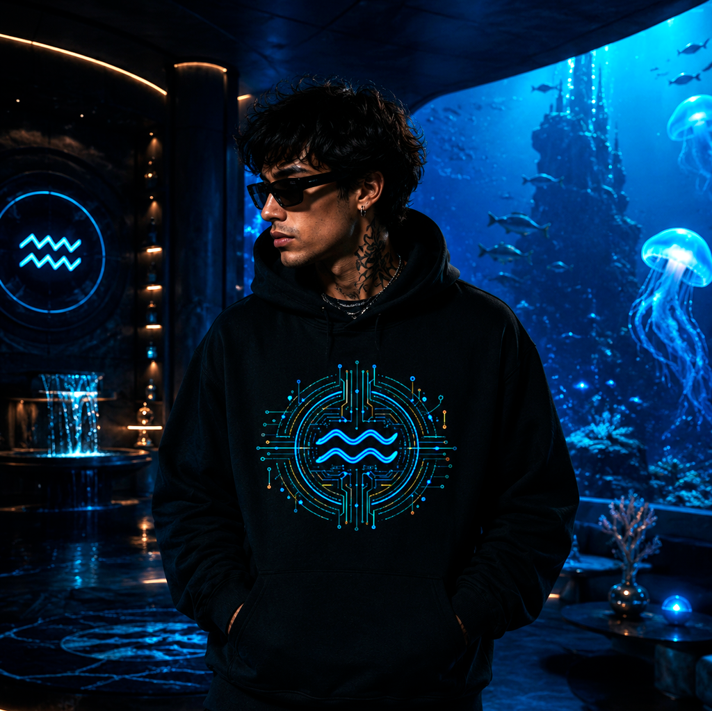 Hoodie negro Acuario tecno con diseño astral azul y estética futurista urbana