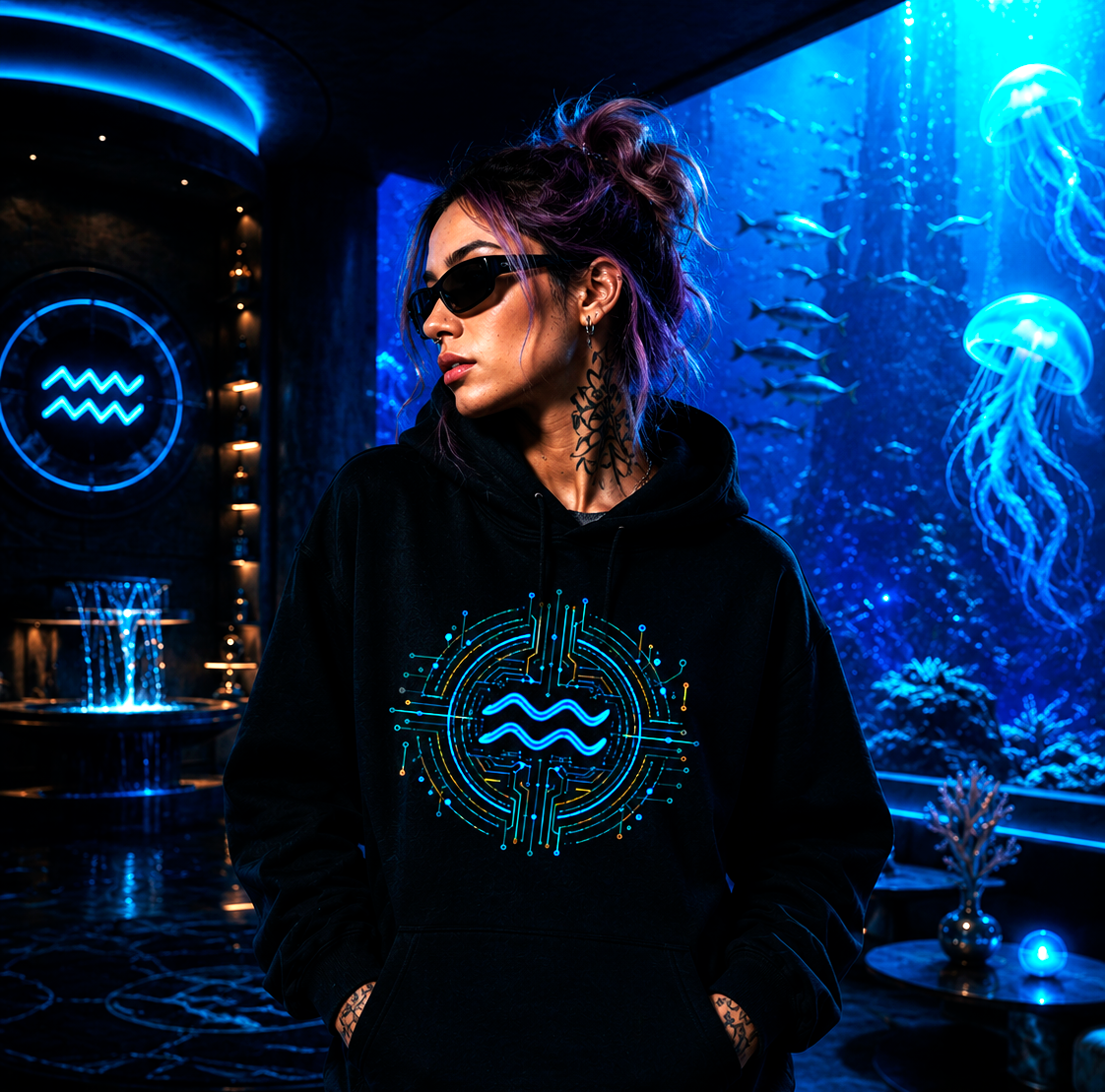Modelo urbano vistiendo hoodie negro Acuario inspirado en arte digital futurista