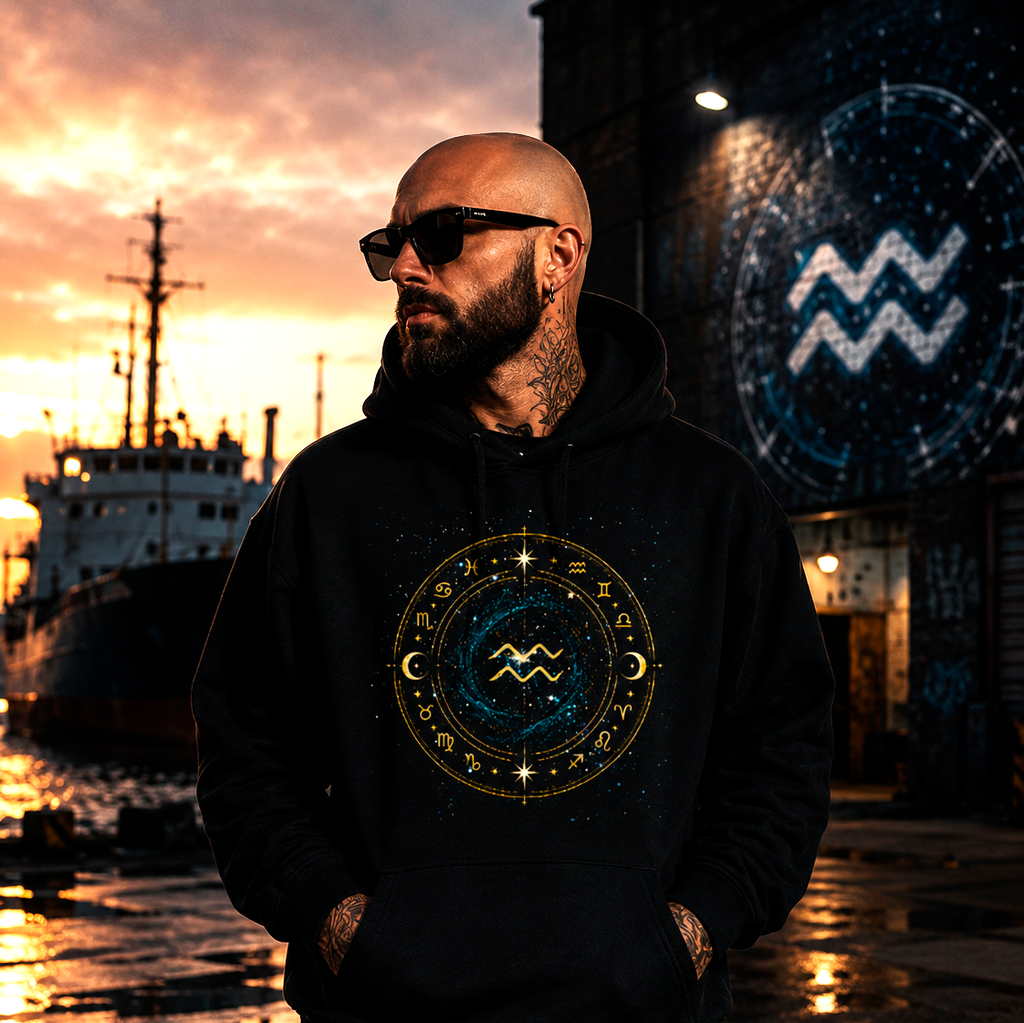 Hoodie negro universal Acuario con diseño astral cósmico y estética futurista