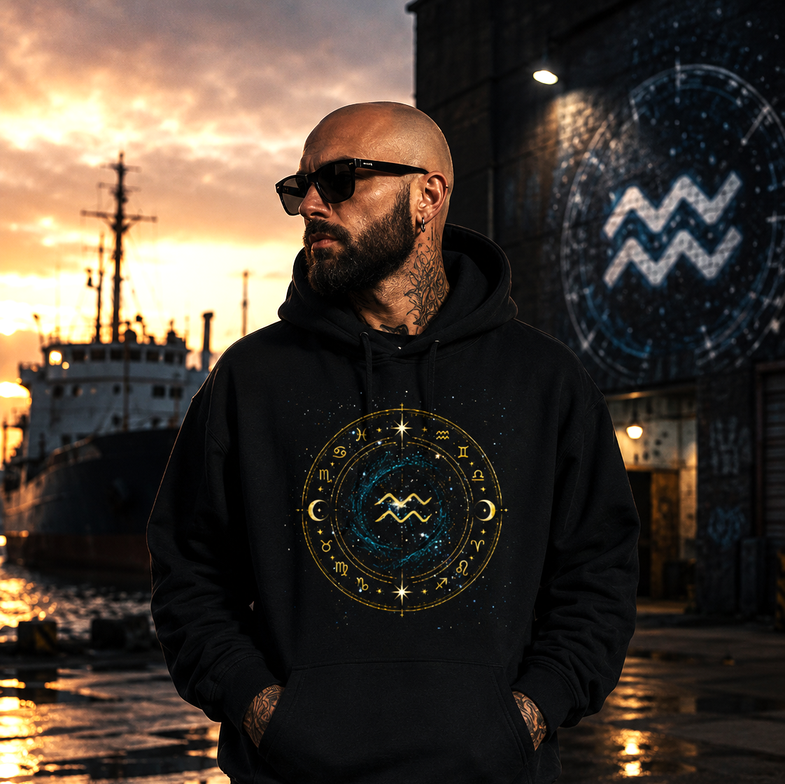 Hoodie negro universal Acuario con diseño astral cósmico y estética futurista