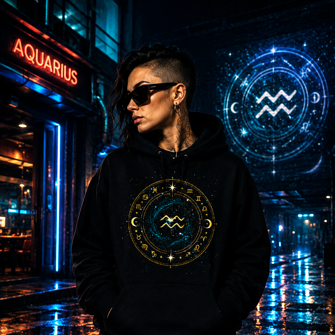 Modelo urbano vistiendo hoodie negro Acuario con diseño galáctico contemporáneo