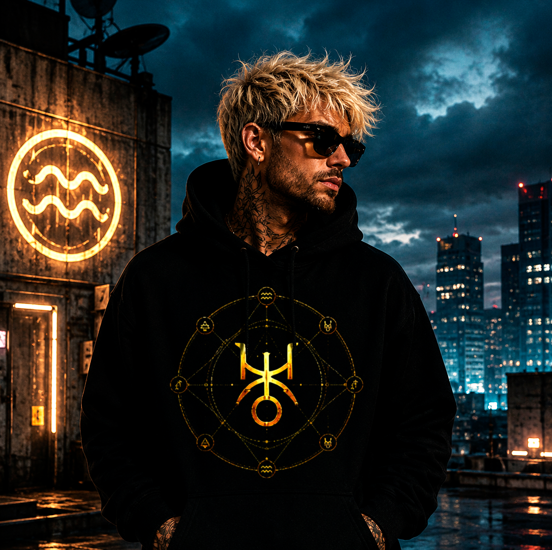 Hoodie negro Urano regente con diseño astral dorado y estética futurista urbana