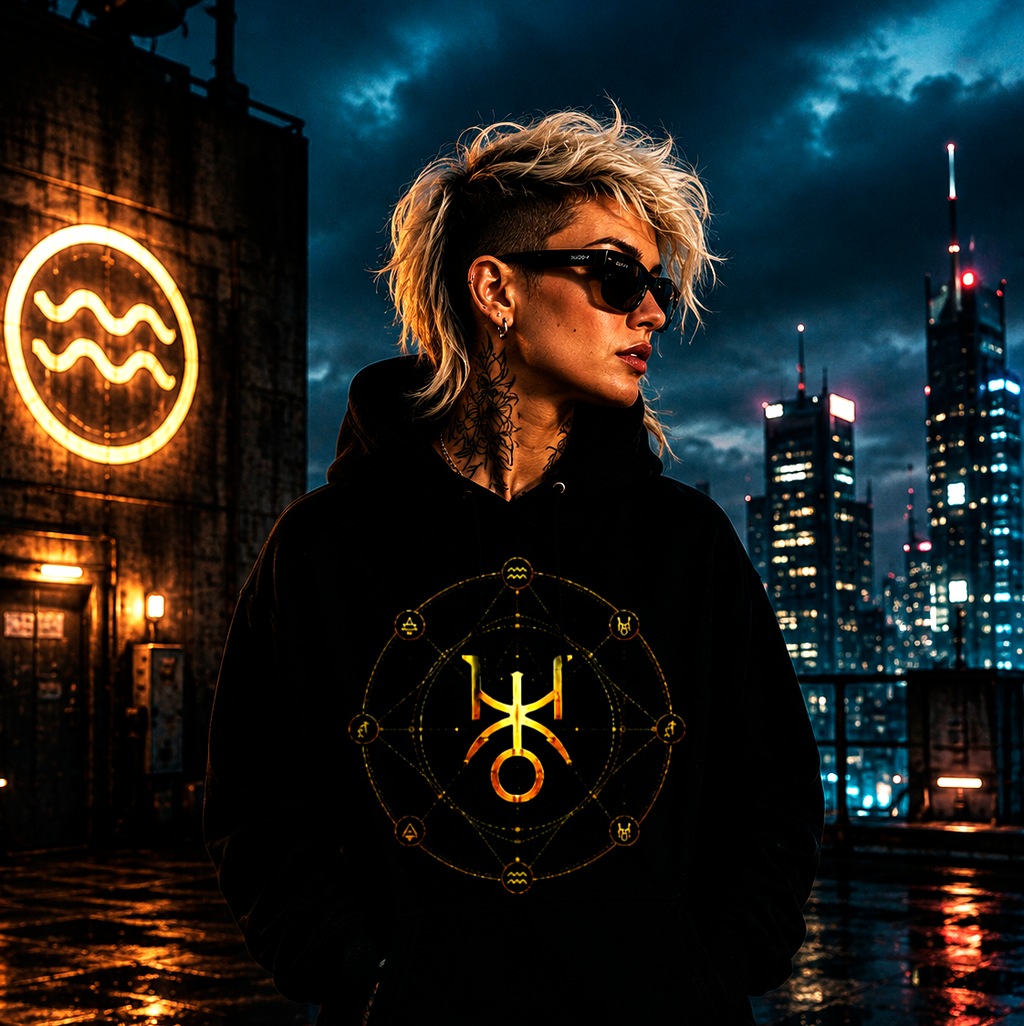 Modelo urbano vistiendo hoodie negro Urano inspirado en Acuario y energía futurista